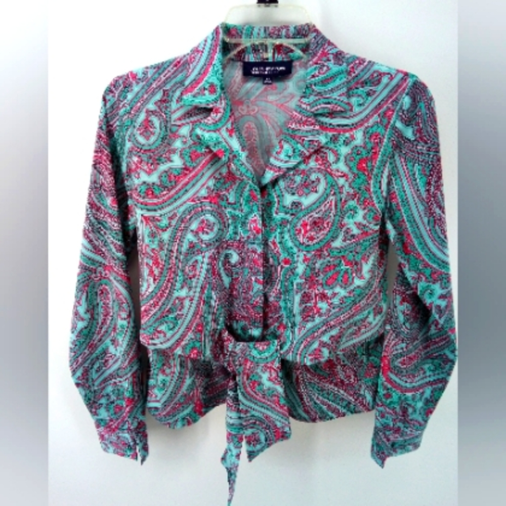 Jones New York Mint Green Pink Paisley Bow Button Down Shirt Top 100% Cotton PP